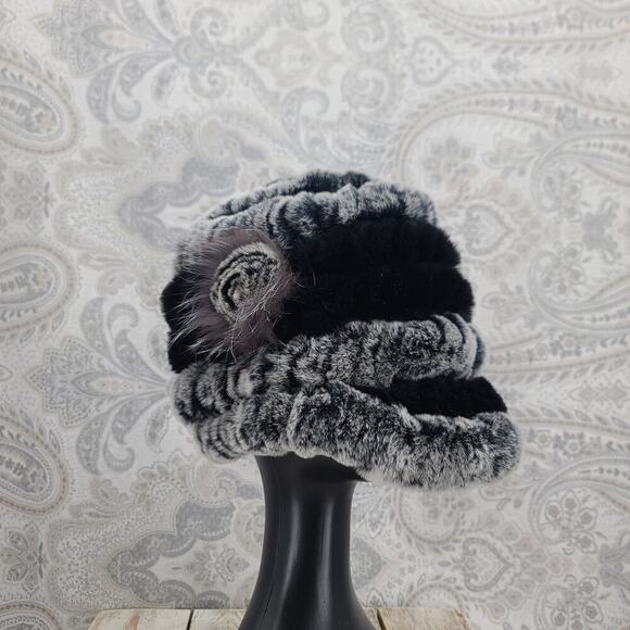Russian Winter Rex Rabbit fur brimmed peaked hat black/gray Mob Wife Luxury main image 4